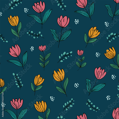 Seamless blooming floral pattern based on hand drawn art ornaments. Colorful flowers, leaves, plants on color background. Vector illustration. Simple minimalistic pattern for fabric, textile.