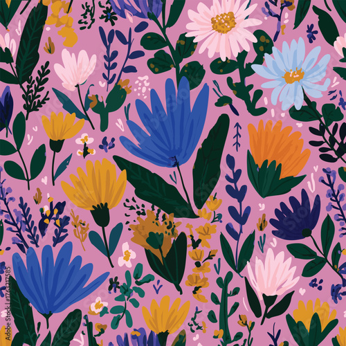 Seamless blooming floral pattern based on hand drawn art ornaments. Colorful flowers, leaves, plants on color background. Vector illustration. Simple minimalistic pattern for fabric, textile.