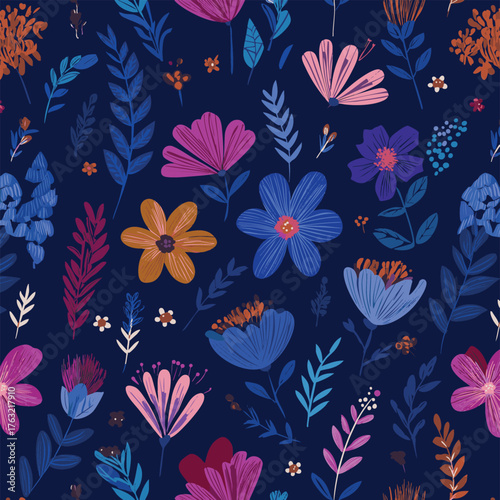 Seamless blooming floral pattern based on hand drawn art ornaments. Colorful flowers, leaves, plants on color background. Vector illustration. Simple minimalistic pattern for fabric, textile.