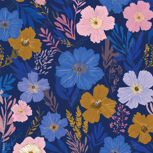 Seamless blooming floral pattern based on hand drawn art ornaments. Colorful flowers, leaves, plants on color background. Vector illustration. Simple minimalistic pattern for fabric, textile.