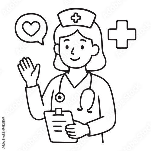 Friendly Nurse Character Waving Hello Line Art Illustration.