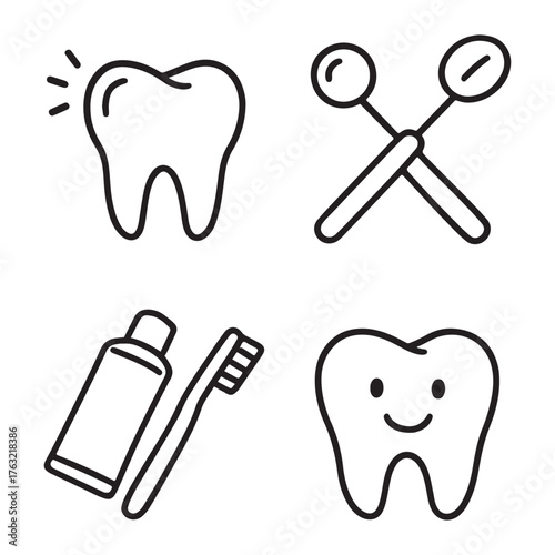 Dental Care Icons: Tooth Tools Toothpaste and Brush.