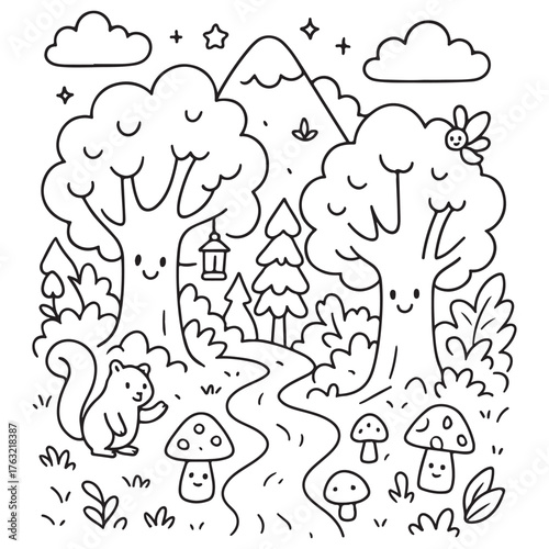 Cute Squirrel and Smiling Trees in a Whimsical Forest Scene.