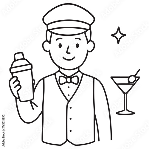 Bartender Holding Cocktail Shaker and Martini Glass.