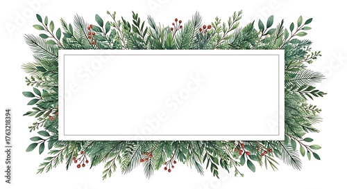 A festive watercolor frame of lush green foliage and small red berries surrounds a blank white rectangle perfect for holiday greetings or natural invitations