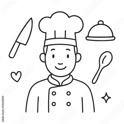 Chef in uniform with cooking tools smiling and ready to prepare food.