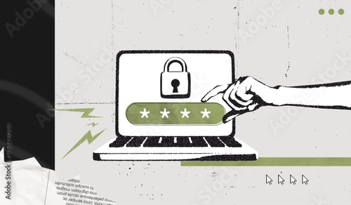 Trendy Halftone Stipple effect Human Hand holds Pin Code on Screen Computer Laptop. Locked padlock with password. Protecting your personal data online. Retro vintage vector illustration art