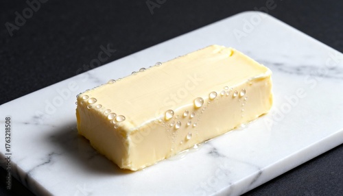 Fresh block of butter with water droplets on a white marble board