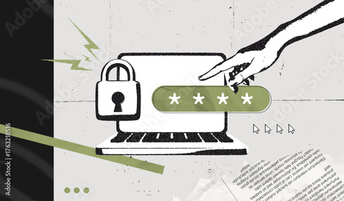 Trendy Halftone Stipple effect Human Hand and Pin Code on Screen Computer Laptop. Locked padlock with password. Protecting your personal data online. Retro vintage vector illustration art