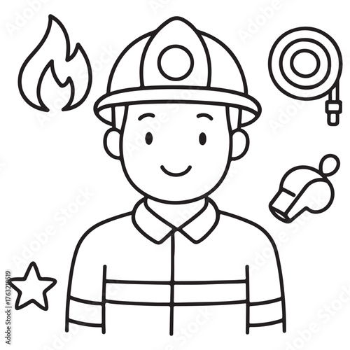 Simple Cartoon Firefighter Character with Safety Equipment Icons.