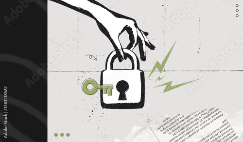 Trendy Halftone Stipple effect Hand holding padlock. Data is protected. Cyber security network. Confidentiality of personal information. Innovation technology. Retro vintage vector illustration art