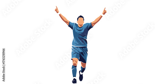 Dynamic soccer player celebrates winning goal with arms raised in victory, embodying triumph and athletic achievement.