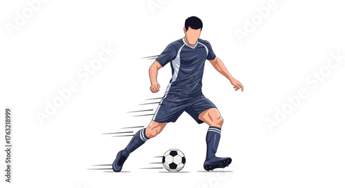 Dynamic soccer player skillfully dribbling ball with speed lines, capturing athletic action and competitive spirit on white background