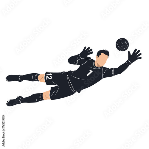 Dynamic goalkeeper dives to catch soccer ball in mid-air, showcasing athletic action and determination for sports content.