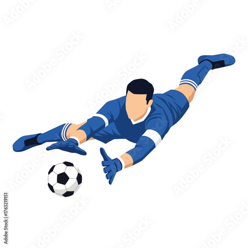 Dynamic soccer goalkeeper dives low to make a crucial save, capturing the thrill and intensity of a professional match in motion.
