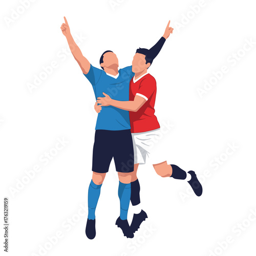 Dynamic soccer players celebrate victory together, arms raised in triumphant joy, embodying teamwork and athletic achievement on the field.