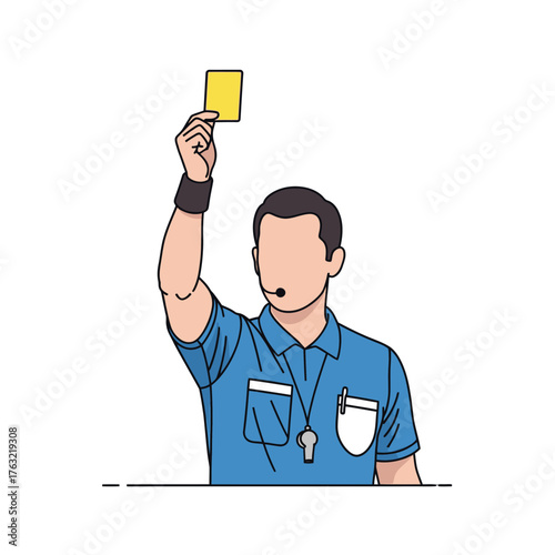 Professional soccer referee raising yellow card for disciplinary action in game