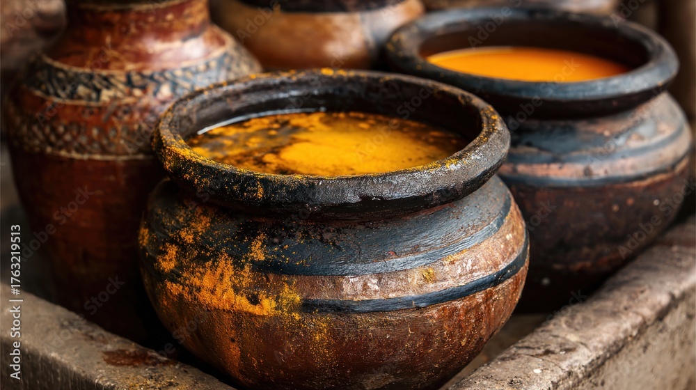 Fototapeta premium Rustic pottery jars with liquid contents