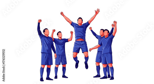 Victorious soccer team joyfully celebrating a major win, jumping for joy with arms raised in triumph after championship game success