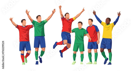 Victorious soccer team celebrates goal, diverse athletes rejoicing after winning match, perfect for sports campaigns and team spirit visuals