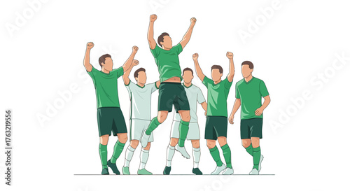 Dynamic soccer team celebrates victory with enthusiastic cheers, perfect for sports marketing, team spirit, and motivational campaigns, full of energy