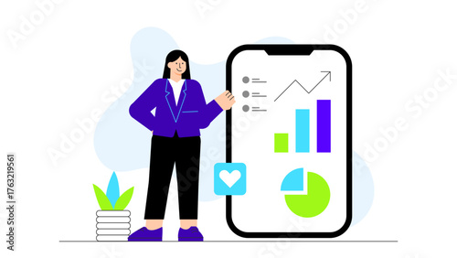 Marketing Manager Reviewing Social Media Analytics Flat Vector Illustration