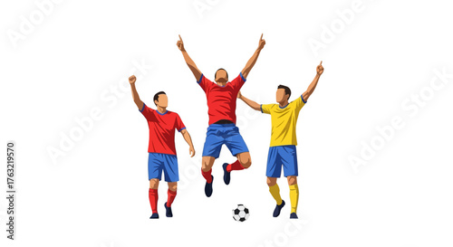 Dynamic soccer players celebrating victory in bright jerseys with arms raised after scoring the winning goal during intense championship game