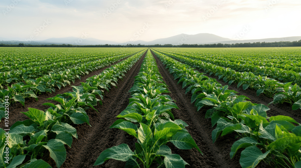 Fototapeta premium Rows of crops stretch across tranquil landscape, showcasing lush green plants soft morning light