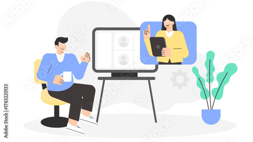 Freelancer Joining Online Coworking Space Session Flat Vector Illustration