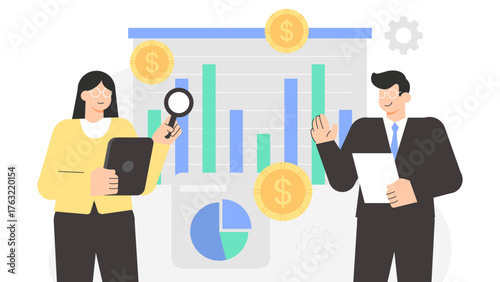 Finance Team Conducting Internal Budget Audit Flat Vector Illustration