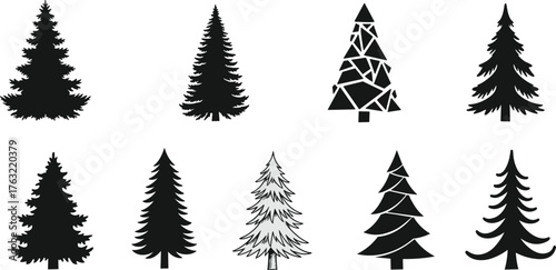 Stylized pine tree icon set, artistic conifer shapes, forest elements, nature design, silhouette and textured trees, vector illustration, minimal style