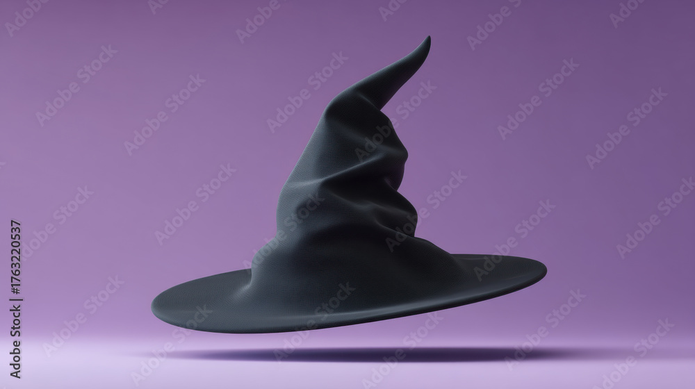 Fototapeta premium Witch Hat, A simple illustration graphic of a pointy witch hat on a purple background. Black shape. Minimalistic design, suitable for a T-shirt print.
