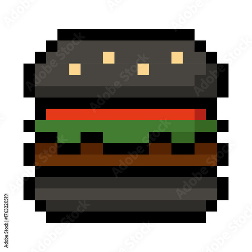 Pixel art illustration of a black hamburger with tomato, lettuce and meat. Perfect for mobile apps, indie games or digital menu design. Clean and minimalist pixel composition on a white background.