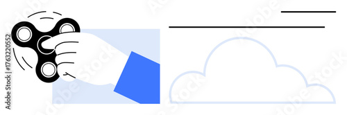 Hand holding a spinning fidget spinner, abstract cloud shape, and minimalist lines. Ideal for stress relief, mindfulness, relaxation, focus, hobbies minimalism and simplicity. Modern flat metaphor