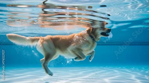Golden Retriever Dog Gracefully Swimming Underwater in a Clear Blue Pool.