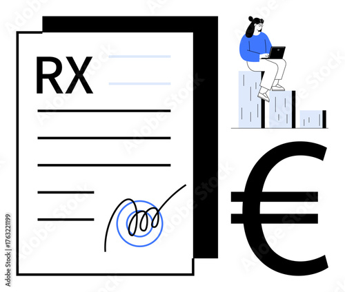 Medical prescription form with signature, euro sign, and woman on bar chart using laptop. Ideal for healthcare, finance, data analysis, medication costs, economy, budgeting simple flat metaphor