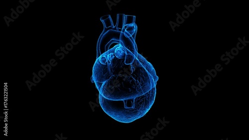 3D Rendering of a Human Heart Illumined in Blue on Black Background