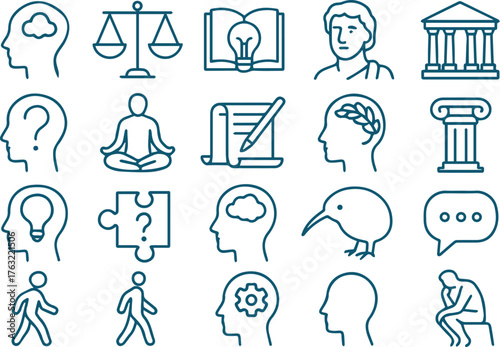 Line art icons representing knowledge, wisdom, and intelligence isolated on white background