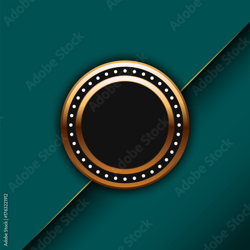 Luxury circular frame with gold border and light dots on dark background, elegant design template for banner, logo, or label.
