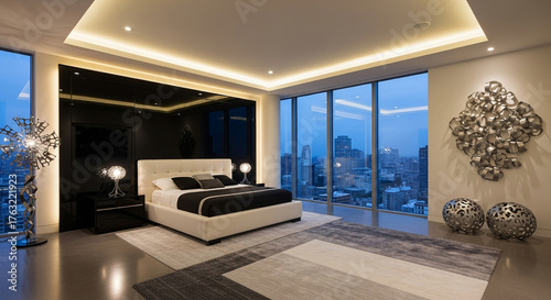Luxurious modern bedroom and living area with a curved sofa and city skyline view.
