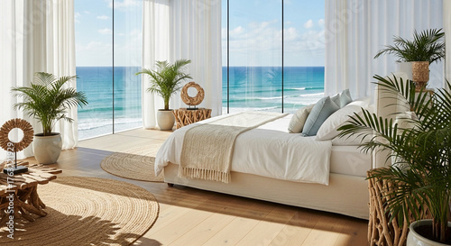 Luxurious modern bedroom and living area with a curved sofa and city skyline view.