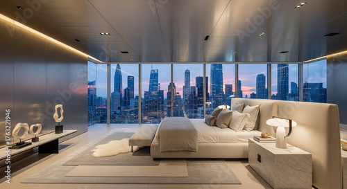 Luxurious modern bedroom and living area with a curved sofa and city skyline view.