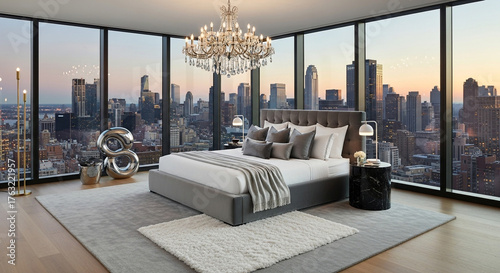 Luxurious modern bedroom and living area with a curved sofa and city skyline view.