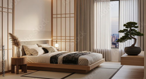 Luxurious modern bedroom and living area with a curved sofa and city skyline view.