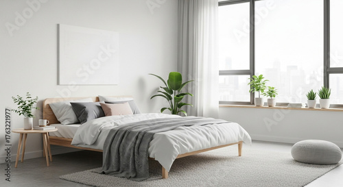 Luxurious modern bedroom and living area with a curved sofa and city skyline view.