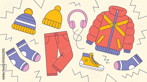 Winter clothing vector illustration with jacket, pants, hats, socks, sneakers, and headphones, flat colorful outfit icons for seasonal fashion design