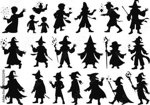 Wizard silhouette collection, magical character poses, black vector icons, fantasy costume set, spell casting figures, mystical robe and staff designs