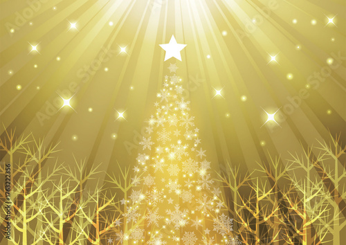 森の中のクリスマスツリー、背景、イラスト、金、横、かわいい、集中線