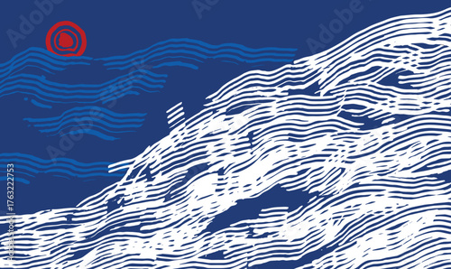 Hand drawn brush lines abstract mountains range and sun pattern in white and blue, Japanese and ethnic wood carving, block print texture background, creative landscape graphic for decoration, textile