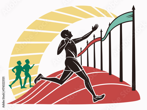 Illustration of a runner approaching the finish line with spectators and sun rays in the background created with generated ai